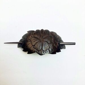 Vintage coconut shell and wood floral hair clip - carved flower brown hair pin